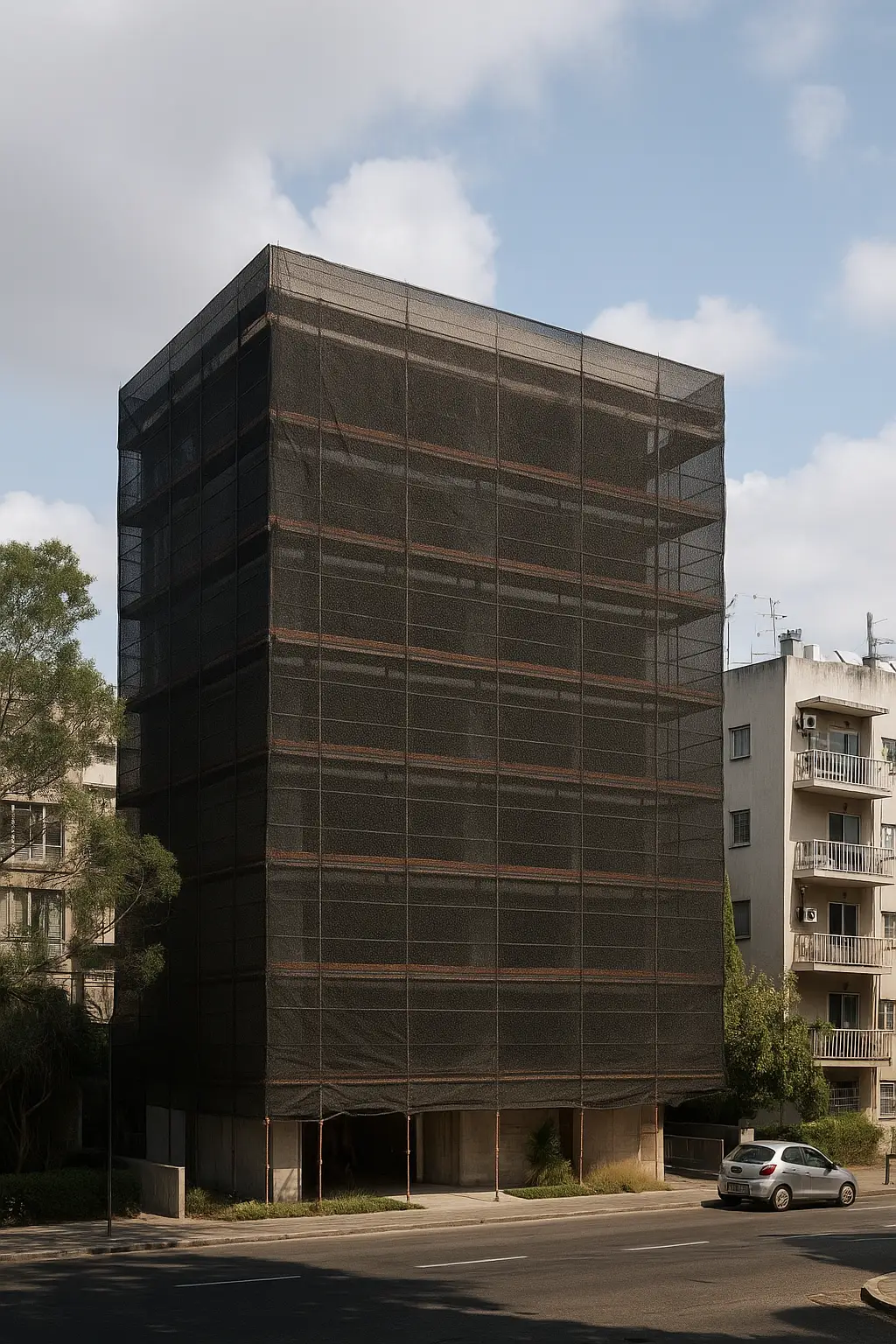 הדמיית מיתוג על רשת צל לאתר בנייה – שילוב לוגו חברה וצבעי מותג על גבי גידור. הדמיית מיתוג על רשת צל לאתר בנייה – שילוב לוגו חברה וצבעי מותג על גבי גידור.